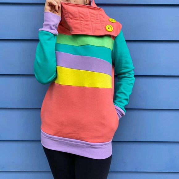 Radiant Rainbow Upcycled Hoodie w/ Pockets Sweatshirt One-Of-A-Kind MungoCrafts - Picture 4 of 8
